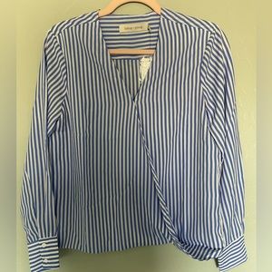 NWT Bishop & Young Blue & White Striped Drapy Wrap Blouse, Size XS